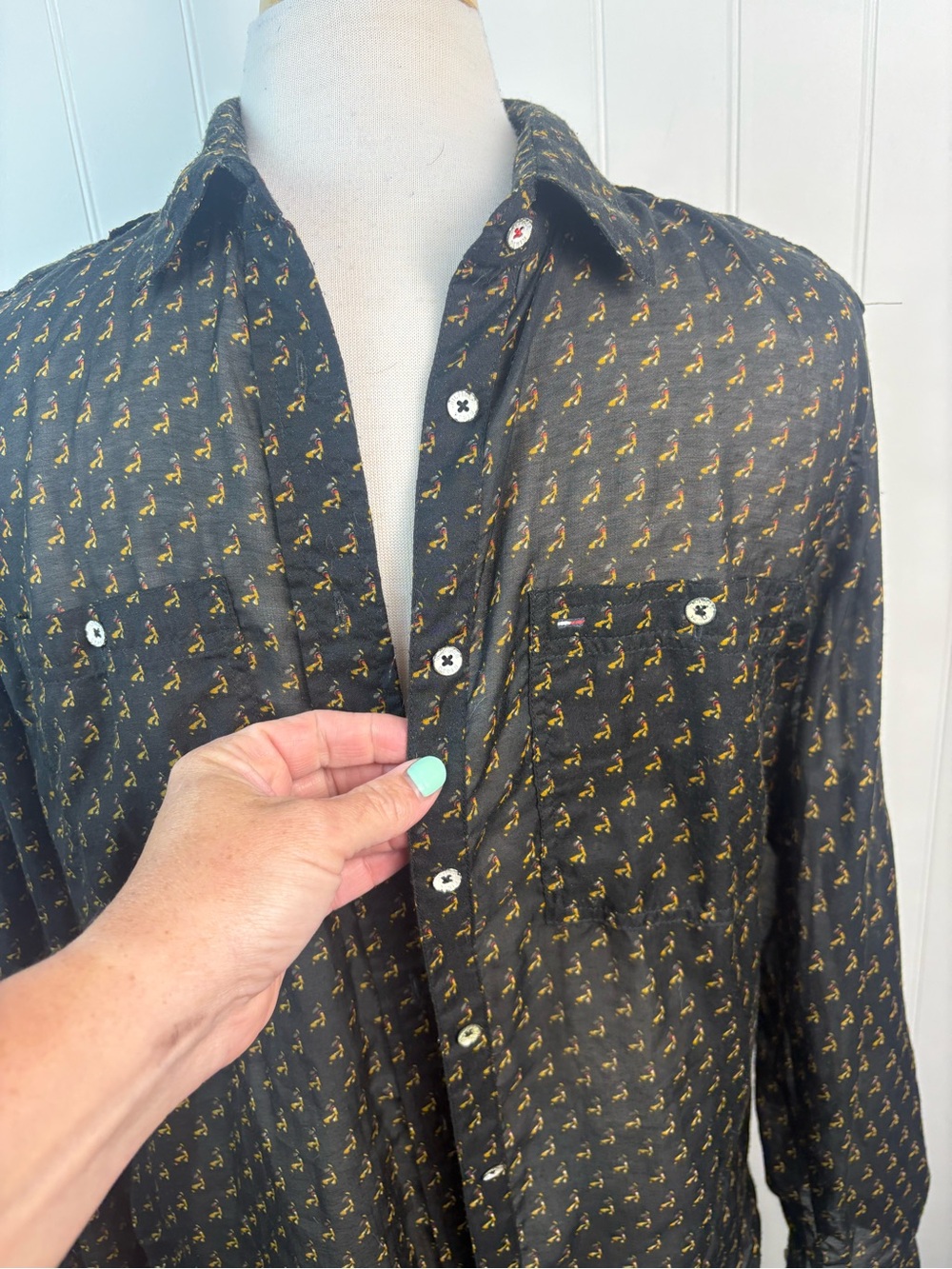 Tommy Hilfiger Denim Sheer Button-Up Blouse Black Print Lightweight